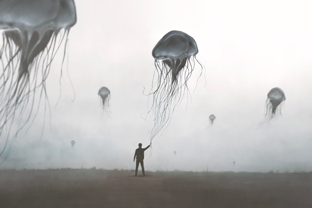 illustrations of a man holding a jellyfish like a balloon By fran_kie via Adobe Stock